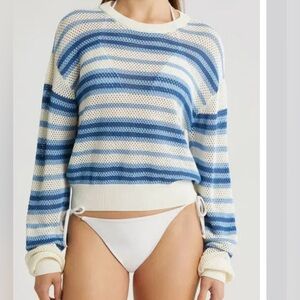 Solid & Striped The Tobi Sweater Marina Blue Stripe Open Weave Crewneck S NWT